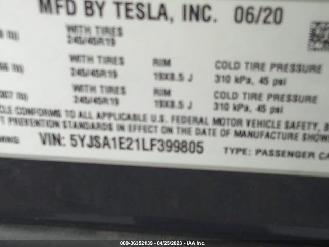 2020 Tesla Model S, VIN: 5YJSA1E21LF399805