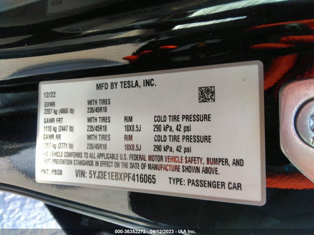 Tesla MODEL 3 2023 5YJ3E1EBXPF416065 Image 9