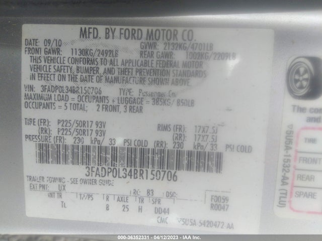 2011 FORD FUSION HYBRID VIN: 3FADP0L34BR150706
