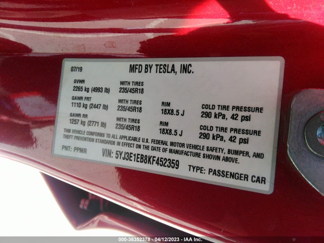Tesla Model 3 Long Range/performance 2019 5YJ3E1EB8KF452359 Image 11
