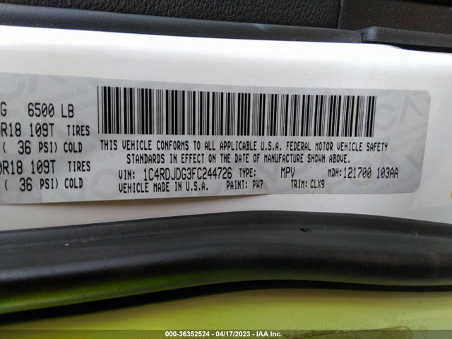 Dodge DURANGO LIMITED 2015 1C4RDJDG3FC244726 Image 9
