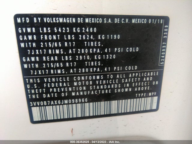 3VV0B7AX6JM098966 Volkswagen TIGUAN S