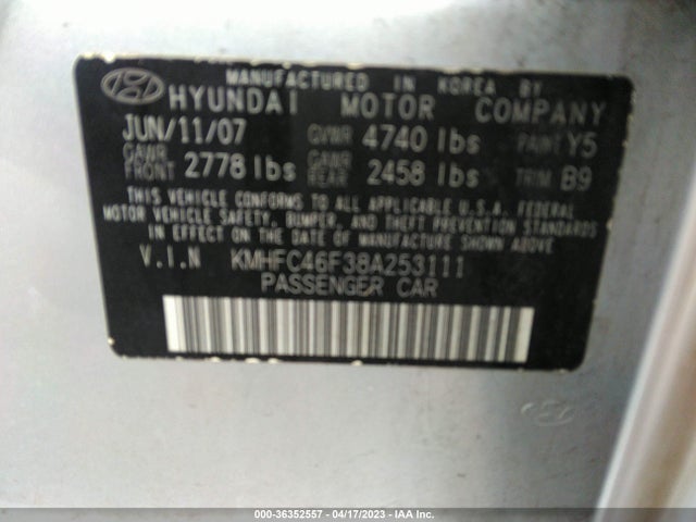 2008 HYUNDAI AZERA LIMITED VIN: KMHFC46F38A253111