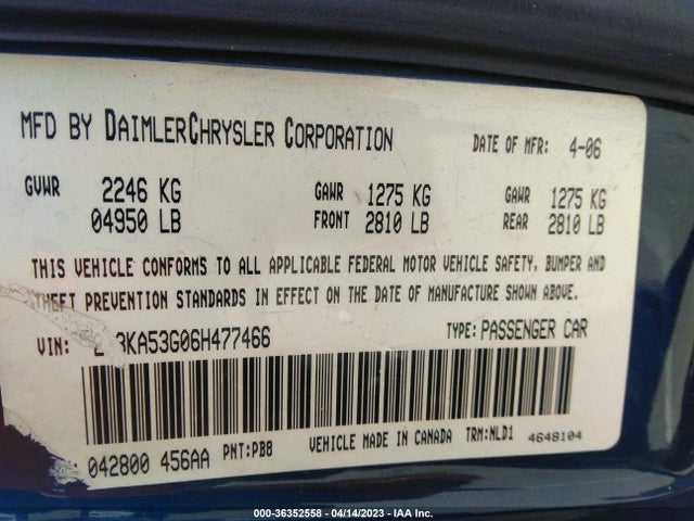 2006 CHRYSLER 300 TOURING VIN: 2C3KA53G06H477466