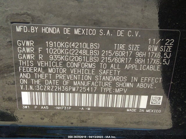 2023 HONDA HR-V LX VIN: 3CZRZ2H36PM725417