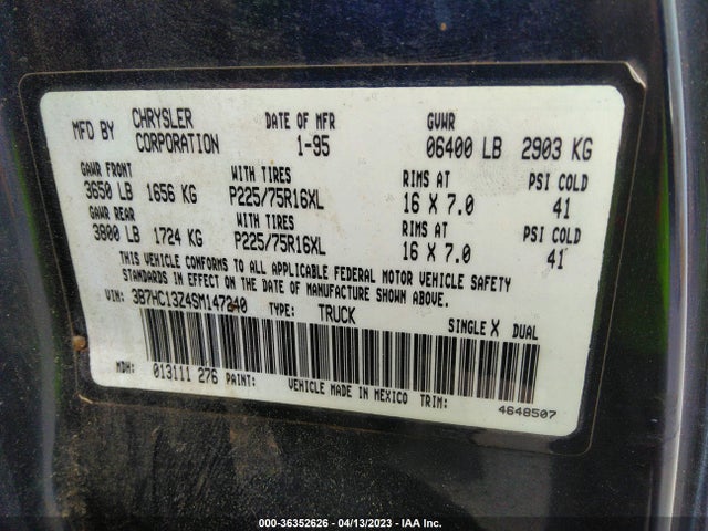 1995 DODGE RAM 1500 VIN: 3B7HC13Z4SM147240