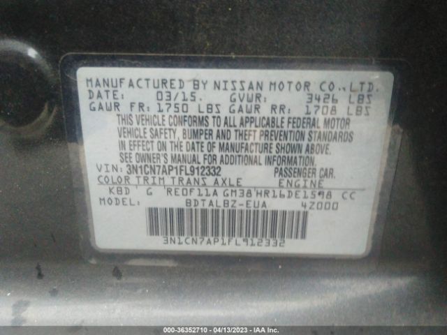 3N1CN7AP1FL912332 Nissan VERSA SV