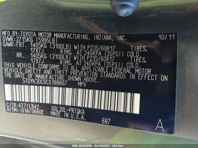 2012 TOYOTA SIENNA XLE AAS/XLE/LTD VIN: 5TDYK3DC0CS188667
