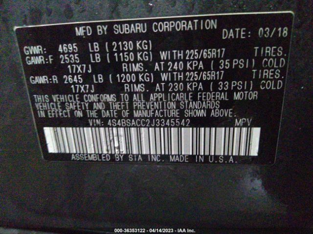 4S4BSACC2J3345542 Subaru Outback Premium