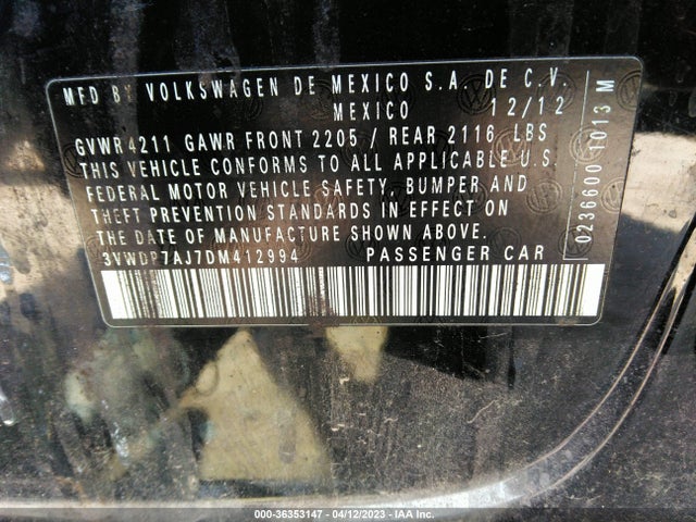 2013 VOLKSWAGEN JETTA SEDAN SE VIN: 3VWDP7AJ7DM412994