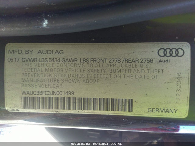 2018 AUDI A6 PREMIUM PLUS VIN: WAUG3BFC3JN001499