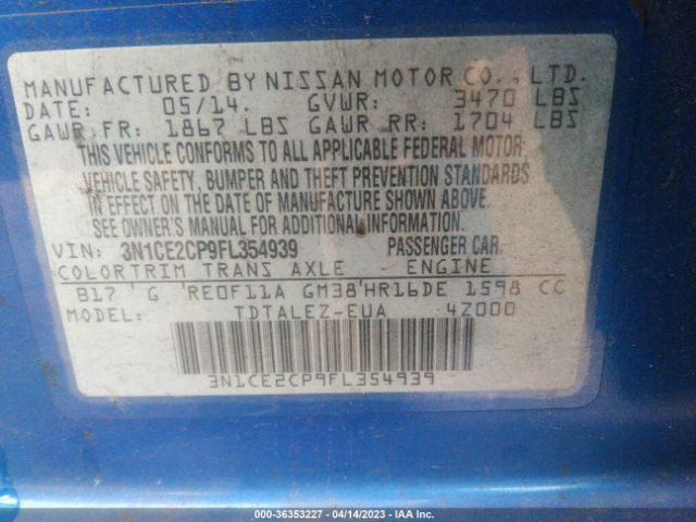 3N1CE2CP9FL354939 Nissan Versa Note Sl