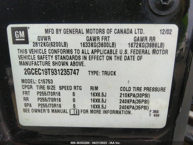 2003 CHEVROLET SILVERADO 1500 LS VIN: 2GCEC19T931235747