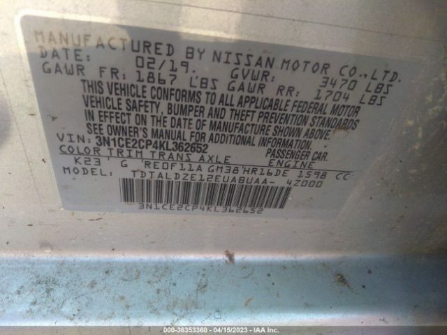 3N1CE2CP4KL362652 Nissan Versa Note Sv