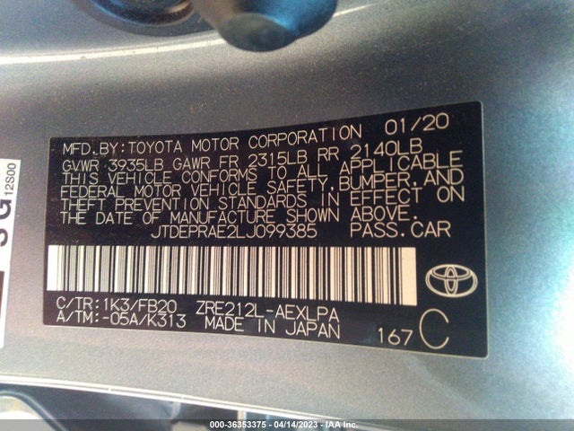2020 TOYOTA COROLLA LE VIN: JTDEPRAE2LJ099385