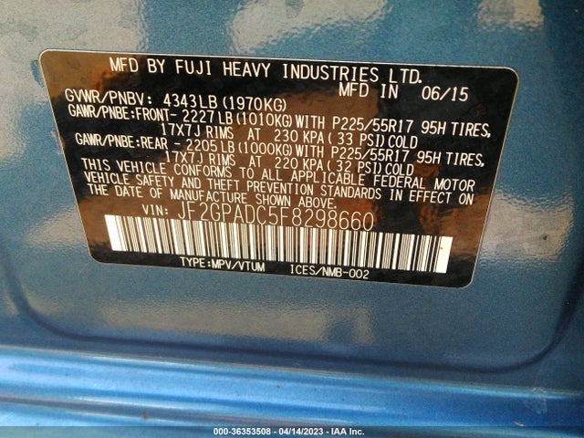 2015 SUBARU XV CROSSTREK PREMIUM VIN: JF2GPADC5F8298660