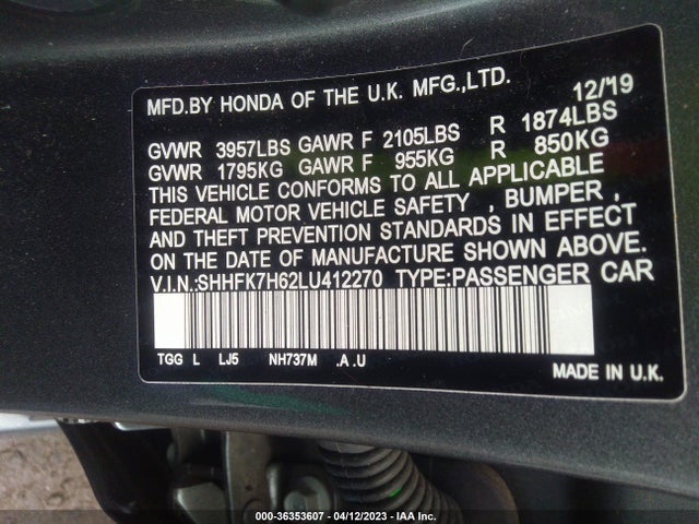 Honda Civic Hatchback Ex 2020 SHHFK7H62LU412270 Image 9
