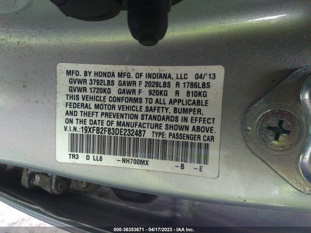 2013 HONDA CIVIC SDN EX VIN: 19XFB2F83DE232487