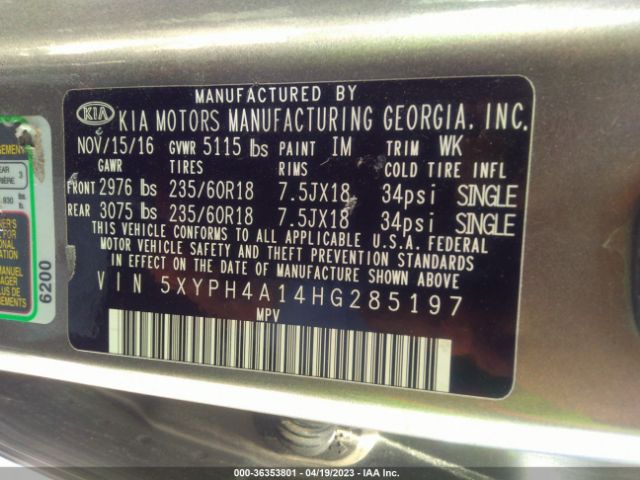 5XYPH4A14HG285197 KIA SORENTO EX