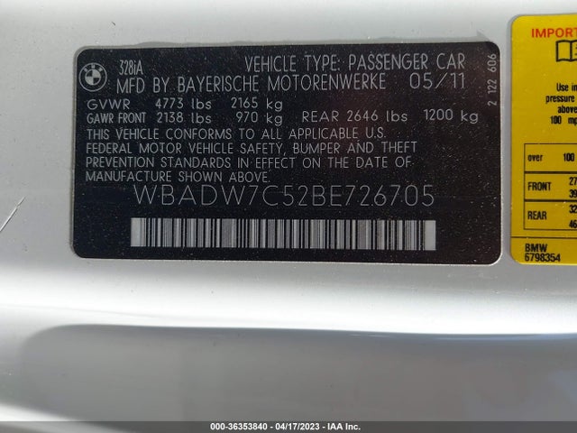 2011 BMW 3 SERIES 328I VIN: WBADW7C52BE726705