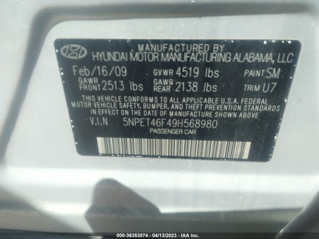 2009 HYUNDAI SONATA GLS VIN: 5NPET46F49H568980