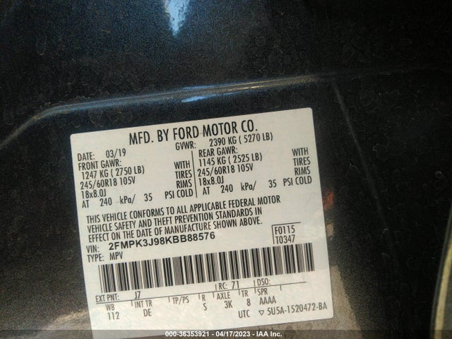 Ford EDGE SEL 2019 2FMPK3J98KBB88576 Image 10