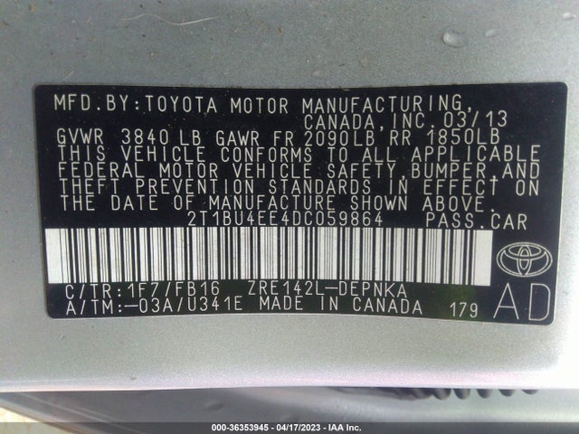 2013 TOYOTA COROLLA LE VIN: 2T1BU4EE4DC059864
