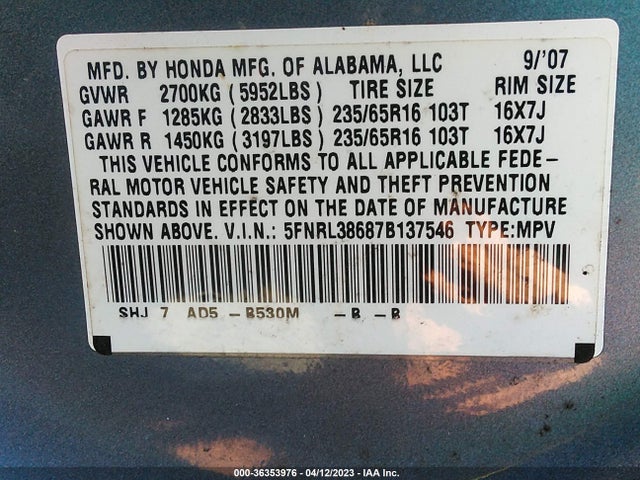 2007 HONDA ODYSSEY EX-L VIN: 5FNRL38687B137546