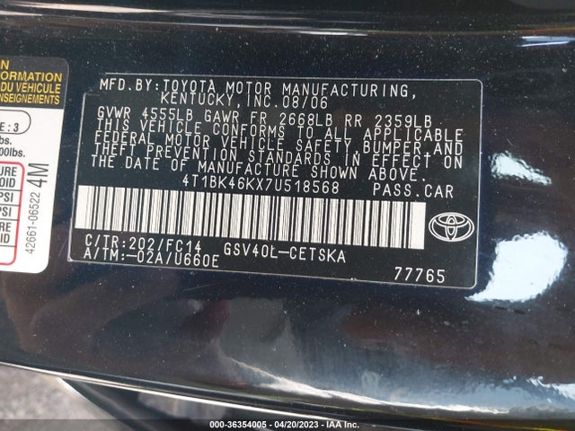 2007 TOYOTA CAMRY LE/SE/XLE VIN: 4T1BK46KX7U518568