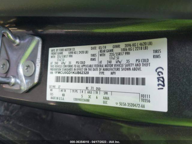 1FMCU0GD1KUB62320 Ford ESCAPE SE
