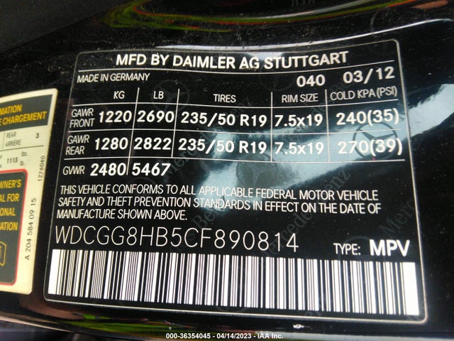 2012 MERCEDES-BENZ GLK-CLASS GLK 350 VIN: WDCGG8HB5CF890814