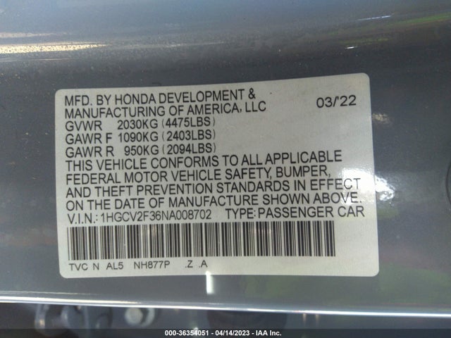 Honda Accord Sedan Sport 2022 1HGCV2F36NA008702 Image 10