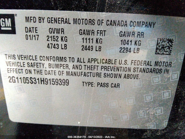 Chevrolet IMPALA 1LT 2017 2G1105S31H9159399 Image 9