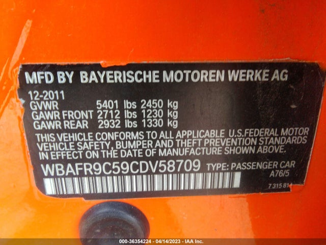 2012 BMW 5 SERIES 550I VIN: WBAFR9C59CDV58709