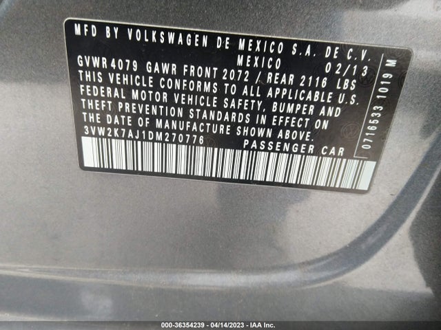 2013 VOLKSWAGEN JETTA SEDAN S VIN: 3VW2K7AJ1DM270776