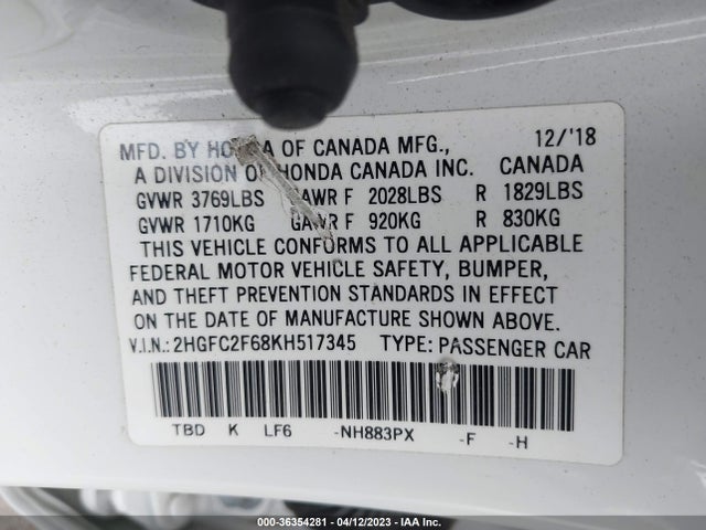 Honda Civic Sedan Lx 2019 2HGFC2F68KH517345 Image 9