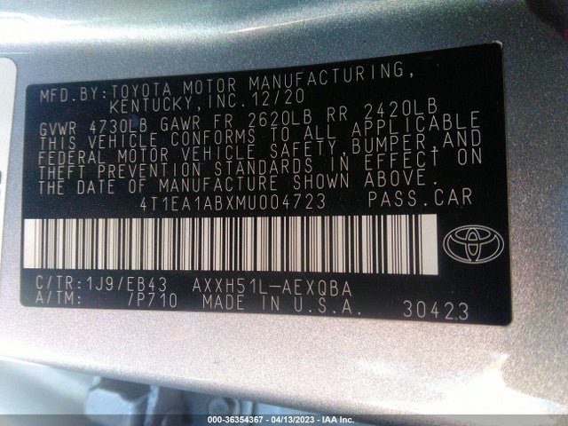 2021 TOYOTA AVALON HYBRID XSE VIN: 4T1EA1ABXMU004723