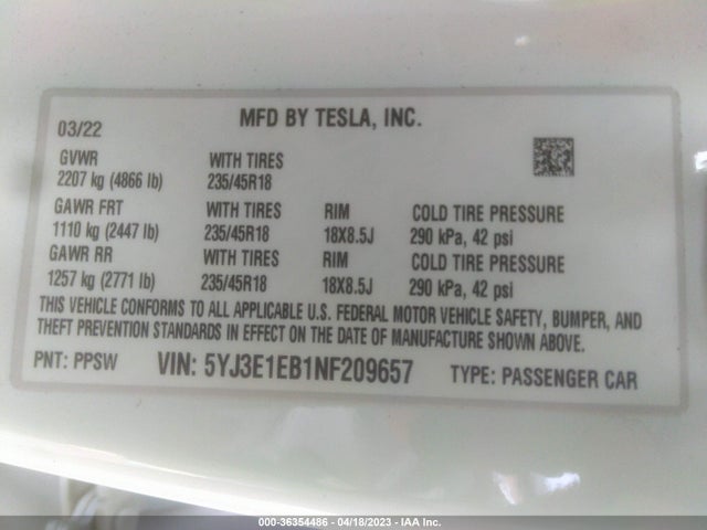 Tesla Model 3 Long Range 2022 5YJ3E1EB1NF209657 Image 9