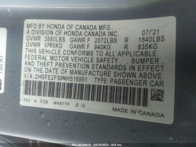 2HGFE2F53NH516951 Honda Civic Sport