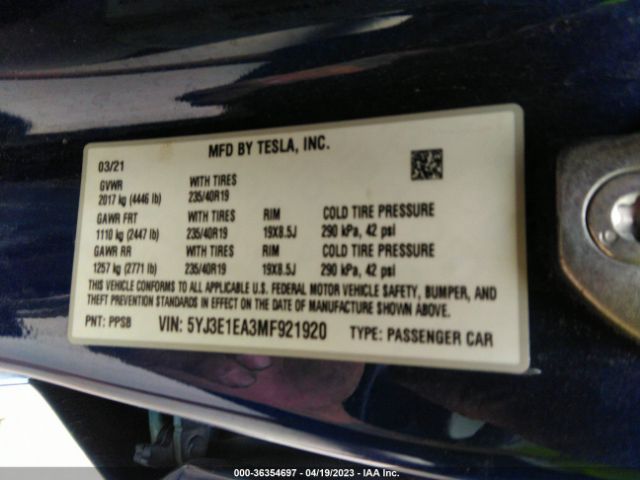 5YJ3E1EA3MF921920 Tesla Model 3 Standard Range Plus