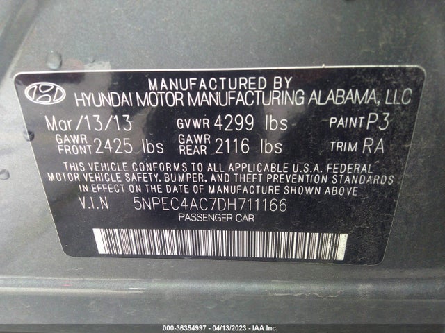 2013 HYUNDAI SONATA LIMITED PZEV VIN: 5NPEC4AC7DH711166