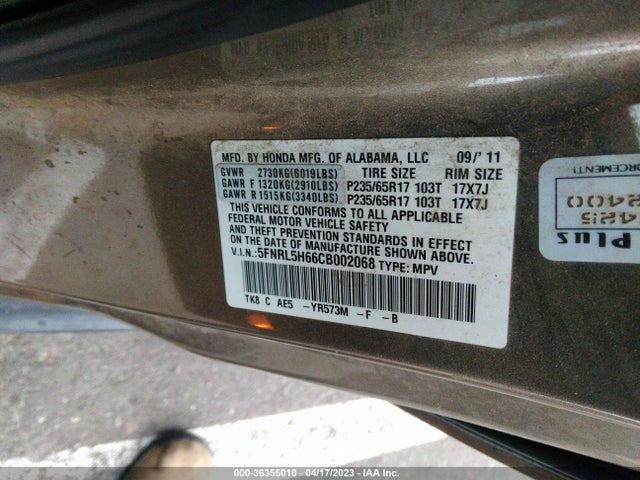 2012 HONDA ODYSSEY EX-L VIN: 5FNRL5H66CB002068