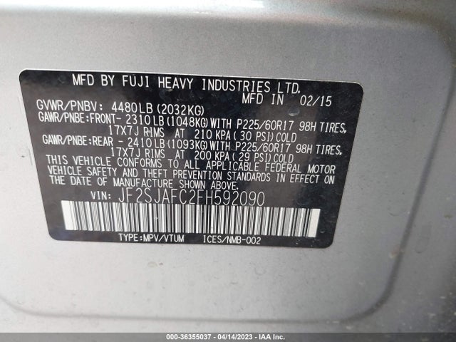 2015 SUBARU FORESTER 2.5I PREMIUM VIN: JF2SJAFC2FH592090