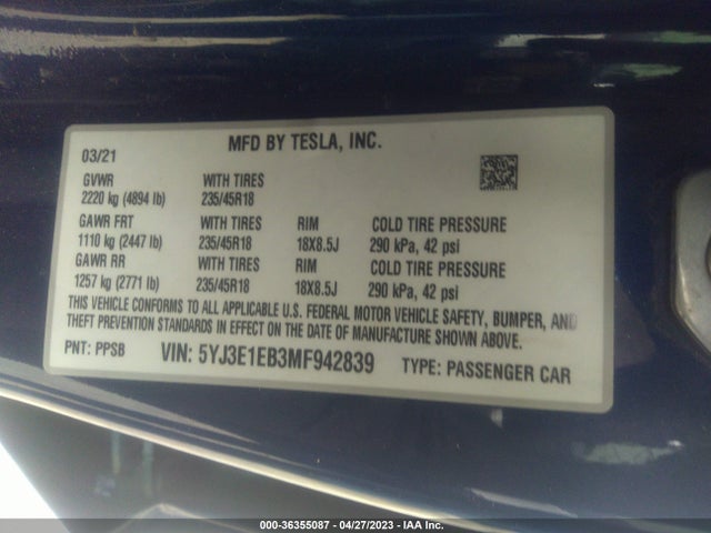 Tesla Model 3 Long Range 2021 5YJ3E1EB3MF942839 Image 11