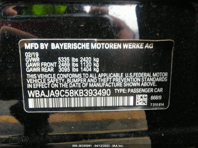 2019 BMW 5 SERIES 530E IPERFORMANCE VIN: WBAJA9C58KB393490
