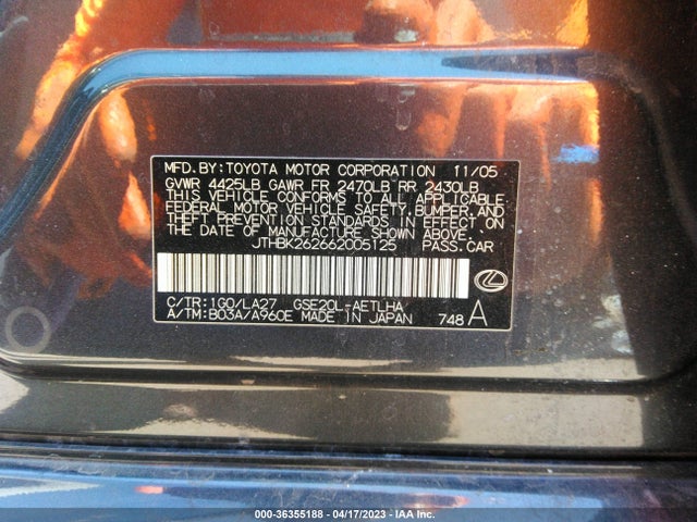 2006 LEXUS IS 250 MANUAL/AUTO VIN: JTHBK262662005125