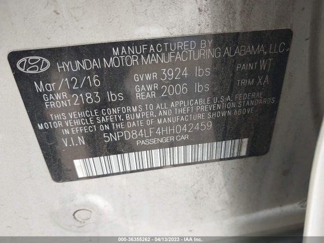 2017 HYUNDAI ELANTRA SE VIN: 5NPD84LF4HH042459