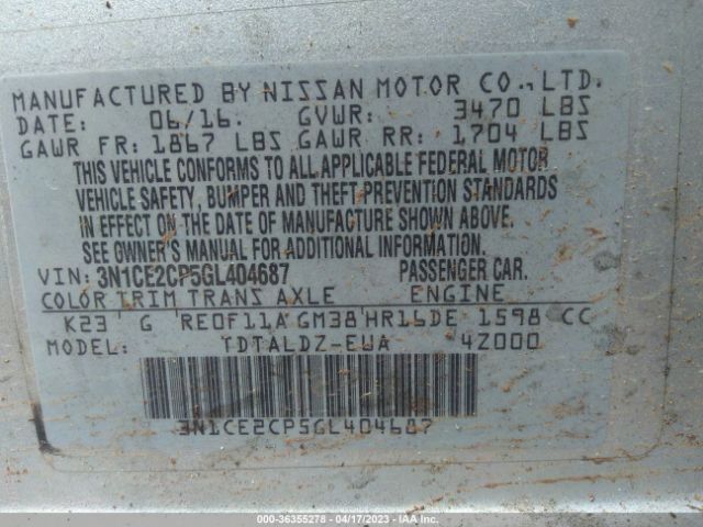 3N1CE2CP5GL404687 Nissan Versa Note S/s Plus/sv/sr/sl