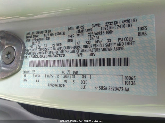 2022 Ford Escape, VIN: 1FMCU0KZ6NUB47870