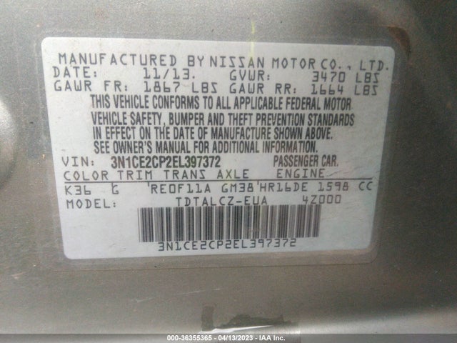 2014 NISSAN VERSA NOTE S PLUS VIN: 3N1CE2CP2EL397372